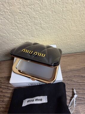 Miu Miu Black Quilted Compact Mirror with Gold Hardware
